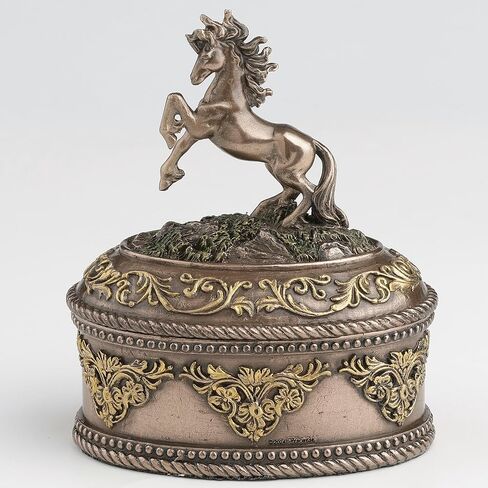 Veronese Design 4 5/8 بوصة تربية الحصان صندوق حلية بيضاوي الشكل من الراتنج المصبوب البارد لمسة نهائية برونزية صندوق مجوهرات تمثال قابل للجمع in Saudi Arabia