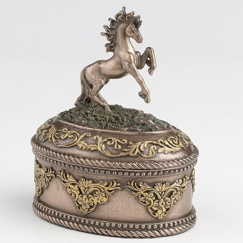 Veronese Design 4 5/8 بوصة تربية الحصان صندوق حلية بيضاوي الشكل من الراتنج المصبوب البارد لمسة نهائية برونزية صندوق مجوهرات تمثال قابل للجمع in Saudi Arabia