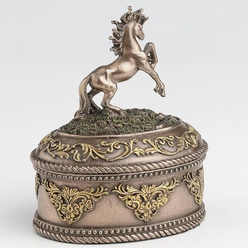 Veronese Design 4 5/8 بوصة تربية الحصان صندوق حلية بيضاوي الشكل من الراتنج المصبوب البارد لمسة نهائية برونزية صندوق مجوهرات تمثال قابل للجمع in Saudi Arabia