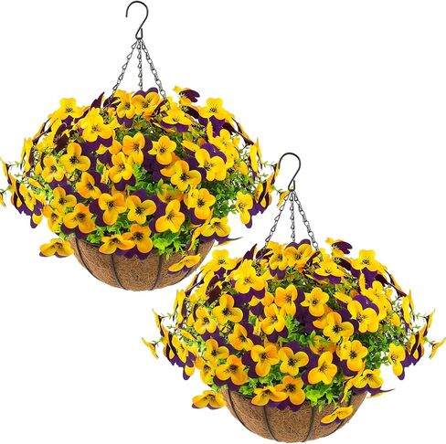 2 Set Artificial Outdoor Pansy Flowers with Hanging Baskets, 2 Hanging Baskets with 24 Pcs Silk Flowers for Spring Easter Decorations Porch Patio Home Decor (2, Purple, Yellow, White, Light Purple) in Saudi Arabia