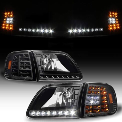 ACANII - For 1997-2003 Ford F150 Expedition Black Housing LED Strip & Corner Signal Headlights Headlamps Pair Left+Right in Saudi Arabia