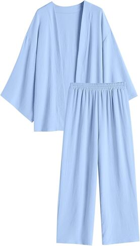 ZAFUL Women'S 2 Piece Linen Long Sleeve Kimonos Cardigan Sets Wide Leg Pants Outfits Suits in Saudi Arabia