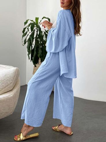 ZAFUL Women'S 2 Piece Linen Long Sleeve Kimonos Cardigan Sets Wide Leg Pants Outfits Suits in Saudi Arabia
