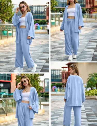 ZAFUL Women'S 2 Piece Linen Long Sleeve Kimonos Cardigan Sets Wide Leg Pants Outfits Suits in Saudi Arabia