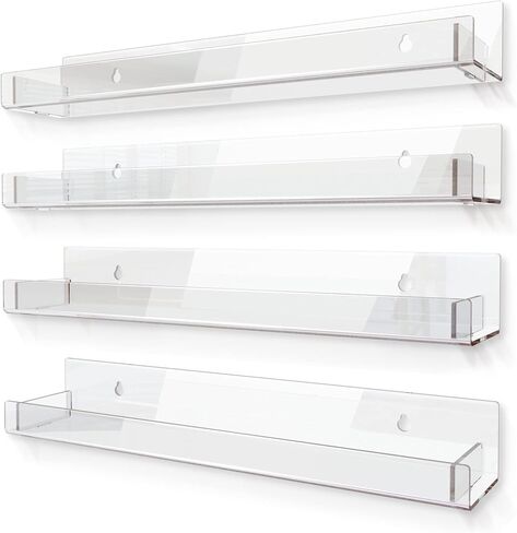 4 Pack 15 Inch Clear Acrylic Shelves, Clear Kids Floating Bookshelf for Kids Room, Modern Nail Polish Rack Sunglasses Essential Oil Picture Ledge Display Toy Storage Wall Shelf in Saudi Arabia
