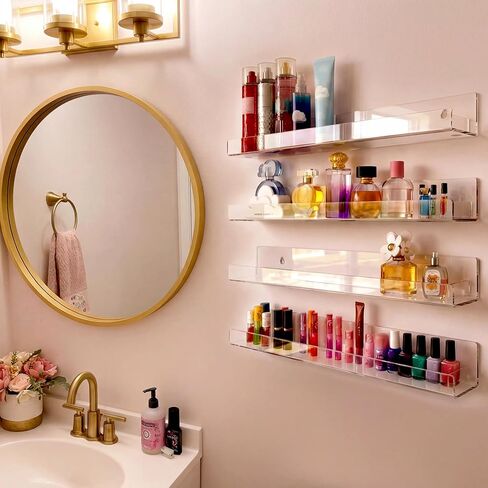 4 Pack 15 Inch Clear Acrylic Shelves, Clear Kids Floating Bookshelf for Kids Room, Modern Nail Polish Rack Sunglasses Essential Oil Picture Ledge Display Toy Storage Wall Shelf in Saudi Arabia