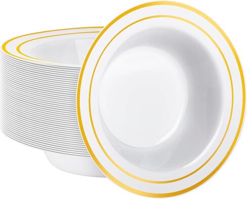Goodluck 25 Pack Black Plastic Bowls with Gold Rim, 12oz Disposable Soup Bowls, Heavy Duty Dessert Bowls for Weddings, Parties, Dinners, Catering, and Everyday Use in Kuwait