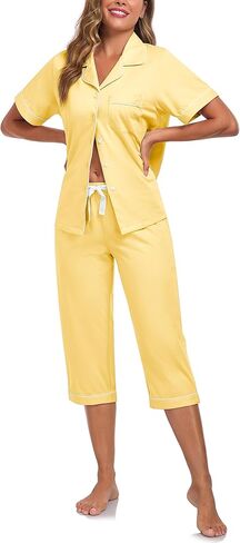 COLORFULLEAF Women's 100% Cotton Pajama Sets Button Down Sleepwear Short Sleeve Shirt & Capri Pants Lounge Set Knit in Saudi Arabia