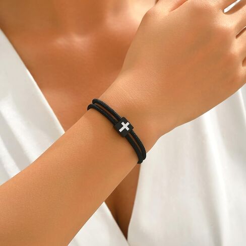 2 Pcs Braided Cross Bracelet for Men Women Adjustable Rope Jesus Bracelet Lucky Strand BFF Wristband Handmade Woven Knot String Bracelets Baptism Christian Religious Gift for Couple Soulmate Easter Basket Stuffer in Kuwait