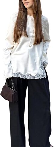 Women Satin Lace Trim Patchwork T-Shirts Elegant Crew Neck Side Slit Long Sleeve Basic Plain Tee Shirt Tops in Saudi Arabia