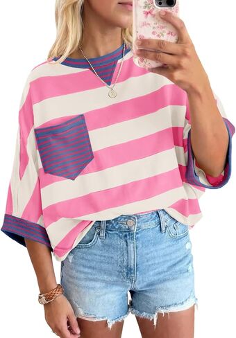 Fisoew Womens 2026 Summer Color Block Striped T-Shirts Oversized Short Sleeve Crewneck Y2K Tops Casual Loose Tees in Saudi Arabia