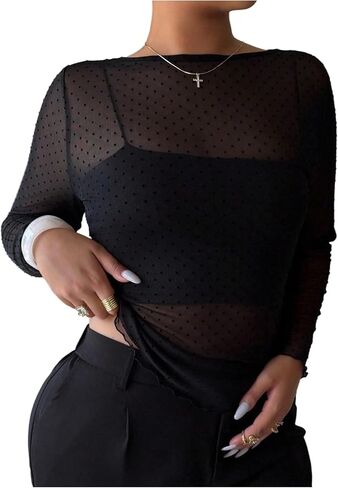 Milumia Women's Plus Size Polka Dots Mesh Long Sleeve Top Sexy See Through Fitted Going Out Tee Tops in Saudi Arabia