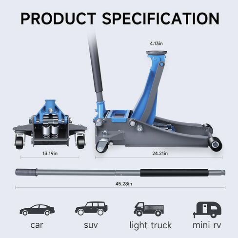 رافعة أرضية LARBANKE مع نطاق رفع: 3.15-18.31 بوصة، سعة 3 طن مع وسادات مطاطية وصواني مغناطيسية، رافعة أرضية منخفضة المستوى مع مضخة رفع سريعة بمكابس مزدوجة، للمركبات المساعدة، أزرق ورمادي in Kuwait
