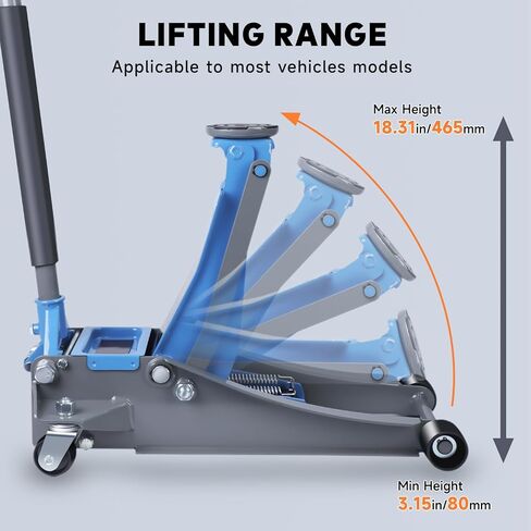 رافعة أرضية LARBANKE مع نطاق رفع: 3.15-18.31 بوصة، سعة 3 طن مع وسادات مطاطية وصواني مغناطيسية، رافعة أرضية منخفضة المستوى مع مضخة رفع سريعة بمكابس مزدوجة، للمركبات المساعدة، أزرق ورمادي in Kuwait