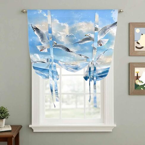 Blue Coastal Birds Tie Up Curtains for Window, Summer Beach Seaside Nautical Thermal Insulated Balloon Shade Adjustable Rod Pocket Curtains Valance Panels for Kitchen Bathroom Café 42'' x 54'' in Saudi Arabia