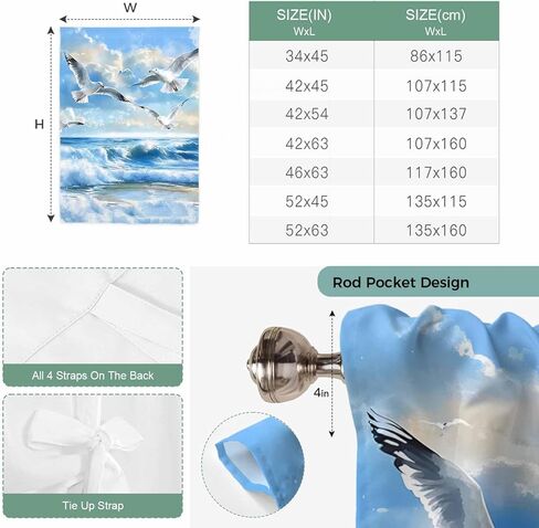 Blue Coastal Birds Tie Up Curtains for Window, Summer Beach Seaside Nautical Thermal Insulated Balloon Shade Adjustable Rod Pocket Curtains Valance Panels for Kitchen Bathroom Café 42'' x 54'' in Saudi Arabia