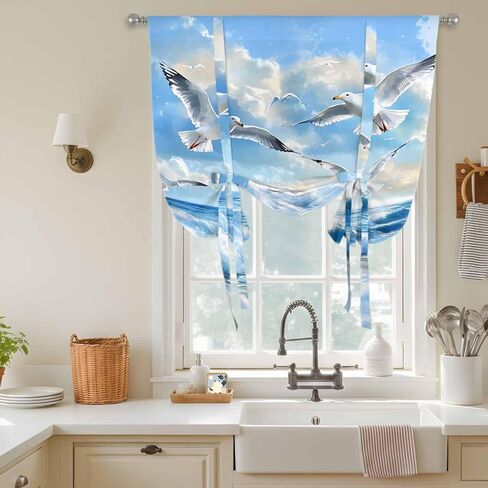 Blue Coastal Birds Tie Up Curtains for Window, Summer Beach Seaside Nautical Thermal Insulated Balloon Shade Adjustable Rod Pocket Curtains Valance Panels for Kitchen Bathroom Café 42'' x 54'' in Saudi Arabia
