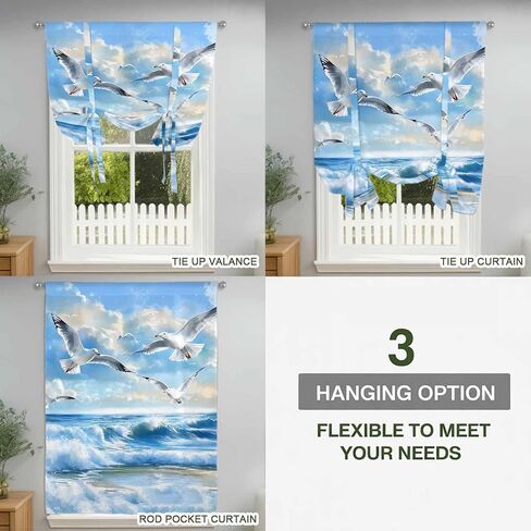 Blue Coastal Birds Tie Up Curtains for Window, Summer Beach Seaside Nautical Thermal Insulated Balloon Shade Adjustable Rod Pocket Curtains Valance Panels for Kitchen Bathroom Café 42'' x 54'' in Saudi Arabia
