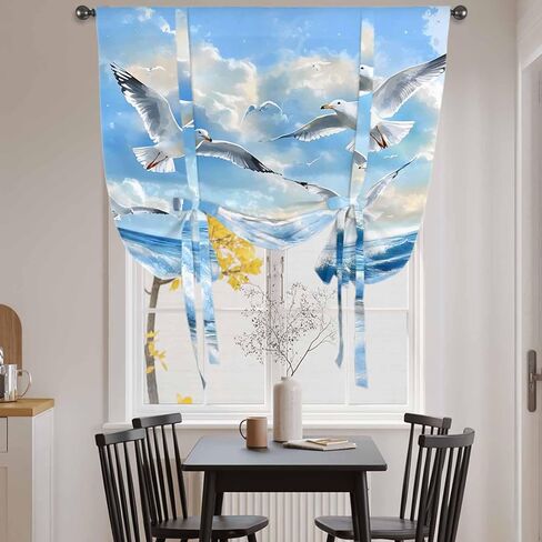Blue Coastal Birds Tie Up Curtains for Window, Summer Beach Seaside Nautical Thermal Insulated Balloon Shade Adjustable Rod Pocket Curtains Valance Panels for Kitchen Bathroom Café 42'' x 54'' in Saudi Arabia