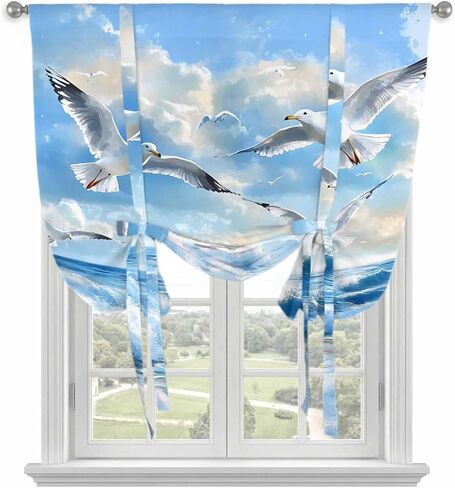 Blue Coastal Birds Tie Up Curtains for Window, Summer Beach Seaside Nautical Thermal Insulated Balloon Shade Adjustable Rod Pocket Curtains Valance Panels for Kitchen Bathroom Café 42'' x 54'' in Saudi Arabia