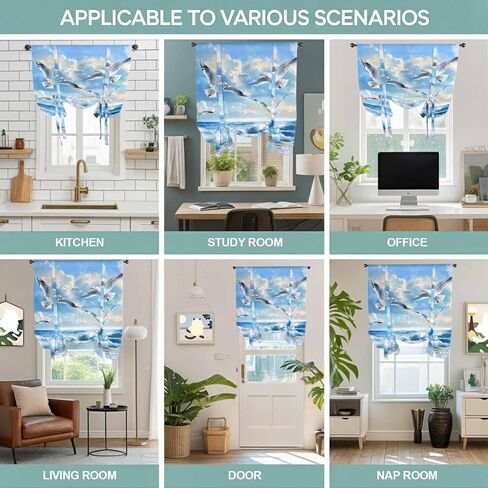 Blue Coastal Birds Tie Up Curtains for Window, Summer Beach Seaside Nautical Thermal Insulated Balloon Shade Adjustable Rod Pocket Curtains Valance Panels for Kitchen Bathroom Café 42'' x 54'' in Saudi Arabia