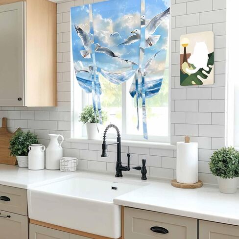 Blue Coastal Birds Tie Up Curtains for Window, Summer Beach Seaside Nautical Thermal Insulated Balloon Shade Adjustable Rod Pocket Curtains Valance Panels for Kitchen Bathroom Café 42'' x 54'' in Saudi Arabia