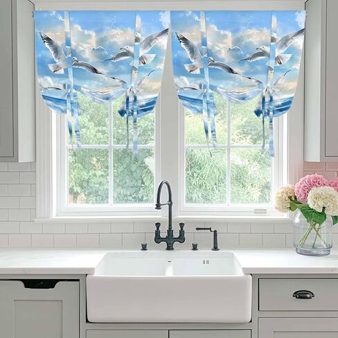 Blue Coastal Birds Tie Up Curtains for Window, Summer Beach Seaside Nautical Thermal Insulated Balloon Shade Adjustable Rod Pocket Curtains Valance Panels for Kitchen Bathroom Café 42'' x 54'' in Saudi Arabia