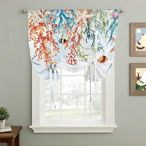 Coastal Coral Tie Up Curtains for Window, Summer Beach Ocean Starfish Seagrass Thermal Insulated Balloon Shade Adjustable Rod Pocket Curtains Valance Panels for Kitchen Bathroom Café 46'' x 63'' in Saudi Arabia