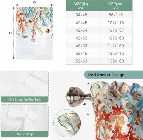 Coastal Coral Tie Up Curtains for Window, Summer Beach Ocean Starfish Seagrass Thermal Insulated Balloon Shade Adjustable Rod Pocket Curtains Valance Panels for Kitchen Bathroom Café 46'' x 63'' in Saudi Arabia