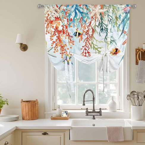 Coastal Coral Tie Up Curtains for Window, Summer Beach Ocean Starfish Seagrass Thermal Insulated Balloon Shade Adjustable Rod Pocket Curtains Valance Panels for Kitchen Bathroom Café 46'' x 63'' in Saudi Arabia