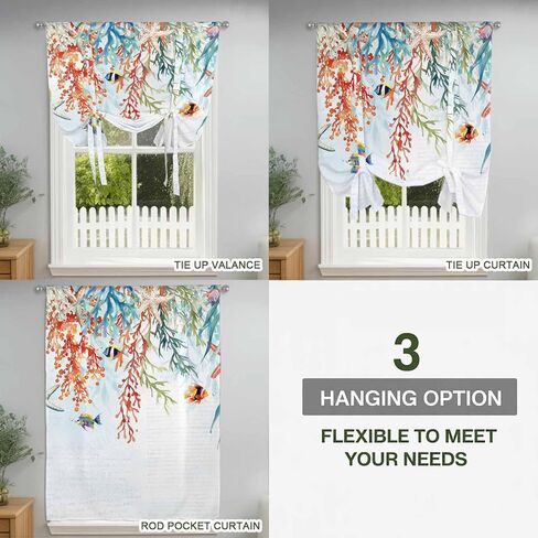 Coastal Coral Tie Up Curtains for Window, Summer Beach Ocean Starfish Seagrass Thermal Insulated Balloon Shade Adjustable Rod Pocket Curtains Valance Panels for Kitchen Bathroom Café 46'' x 63'' in Saudi Arabia