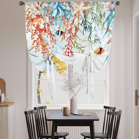 Coastal Coral Tie Up Curtains for Window, Summer Beach Ocean Starfish Seagrass Thermal Insulated Balloon Shade Adjustable Rod Pocket Curtains Valance Panels for Kitchen Bathroom Café 46'' x 63'' in Saudi Arabia
