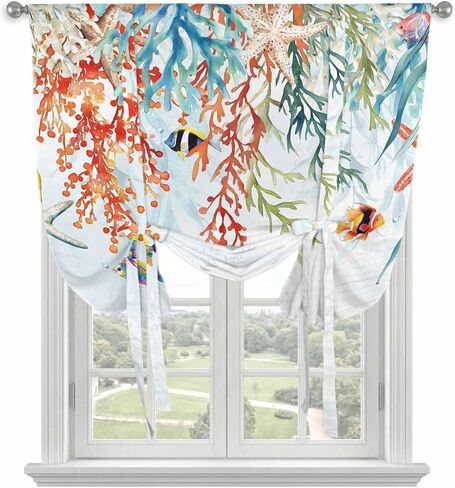 Coastal Coral Tie Up Curtains for Window, Summer Beach Ocean Starfish Seagrass Thermal Insulated Balloon Shade Adjustable Rod Pocket Curtains Valance Panels for Kitchen Bathroom Café 46'' x 63'' in Saudi Arabia