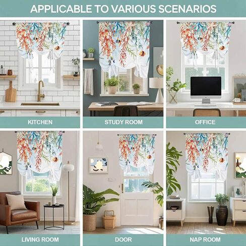 Coastal Coral Tie Up Curtains for Window, Summer Beach Ocean Starfish Seagrass Thermal Insulated Balloon Shade Adjustable Rod Pocket Curtains Valance Panels for Kitchen Bathroom Café 46'' x 63'' in Saudi Arabia