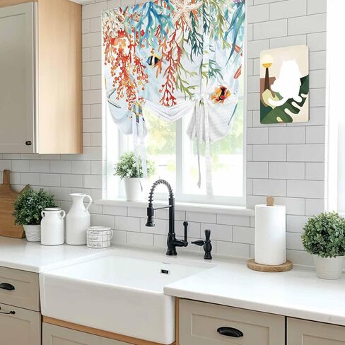 Coastal Coral Tie Up Curtains for Window, Summer Beach Ocean Starfish Seagrass Thermal Insulated Balloon Shade Adjustable Rod Pocket Curtains Valance Panels for Kitchen Bathroom Café 46'' x 63'' in Saudi Arabia