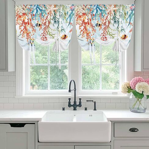 Coastal Coral Tie Up Curtains for Window, Summer Beach Ocean Starfish Seagrass Thermal Insulated Balloon Shade Adjustable Rod Pocket Curtains Valance Panels for Kitchen Bathroom Café 46'' x 63'' in Saudi Arabia