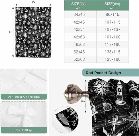 Nautical Black Tie Up Curtains for Window, Retro Sailing Boat Map Anchor Rudder Thermal Insulated Balloon Shade Adjustable Rod Pocket Curtains Valance Panels for Kitchen Bathroom Café 52'' x 45'' in Kuwait
