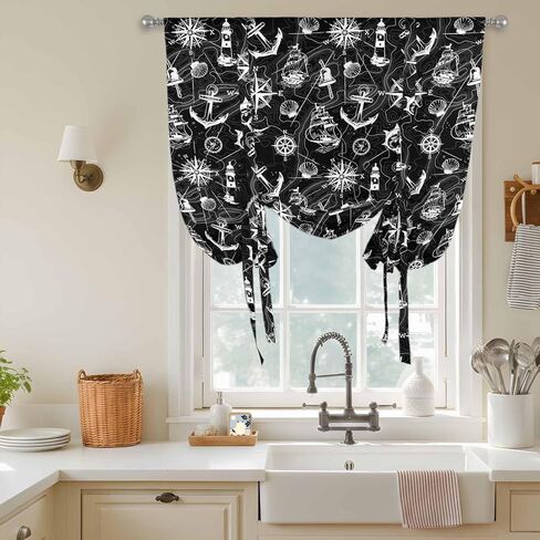 Nautical Black Tie Up Curtains for Window, Retro Sailing Boat Map Anchor Rudder Thermal Insulated Balloon Shade Adjustable Rod Pocket Curtains Valance Panels for Kitchen Bathroom Café 52'' x 45'' in Kuwait