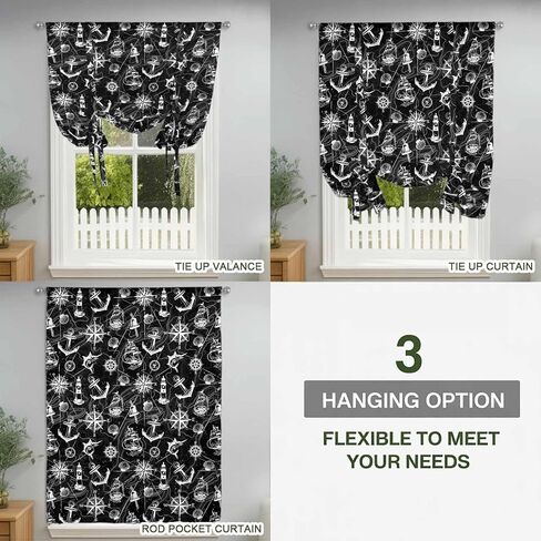Nautical Black Tie Up Curtains for Window, Retro Sailing Boat Map Anchor Rudder Thermal Insulated Balloon Shade Adjustable Rod Pocket Curtains Valance Panels for Kitchen Bathroom Café 52'' x 45'' in Kuwait