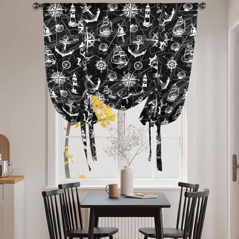 Nautical Black Tie Up Curtains for Window, Retro Sailing Boat Map Anchor Rudder Thermal Insulated Balloon Shade Adjustable Rod Pocket Curtains Valance Panels for Kitchen Bathroom Café 52'' x 45'' in Kuwait