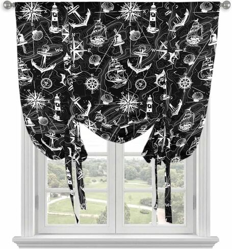 Nautical Black Tie Up Curtains for Window, Retro Sailing Boat Map Anchor Rudder Thermal Insulated Balloon Shade Adjustable Rod Pocket Curtains Valance Panels for Kitchen Bathroom Café 52'' x 45'' in Kuwait