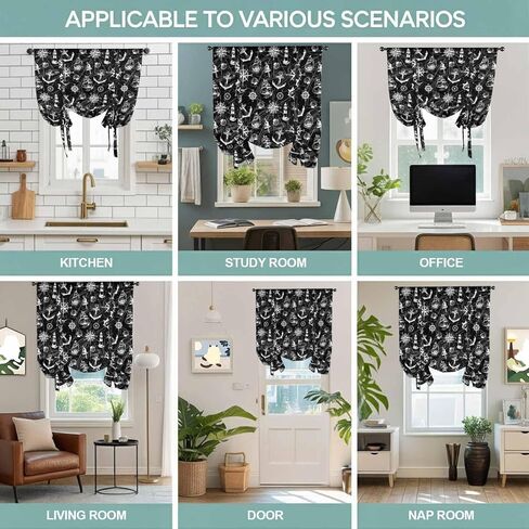 Nautical Black Tie Up Curtains for Window, Retro Sailing Boat Map Anchor Rudder Thermal Insulated Balloon Shade Adjustable Rod Pocket Curtains Valance Panels for Kitchen Bathroom Café 52'' x 45'' in Kuwait