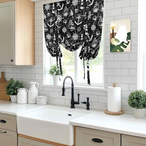 Nautical Black Tie Up Curtains for Window, Retro Sailing Boat Map Anchor Rudder Thermal Insulated Balloon Shade Adjustable Rod Pocket Curtains Valance Panels for Kitchen Bathroom Café 52'' x 45'' in Kuwait