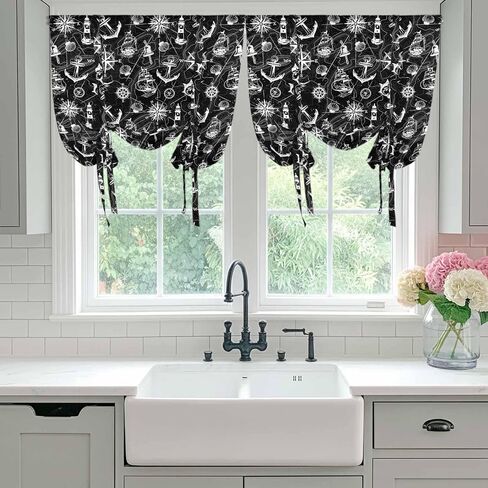 Nautical Black Tie Up Curtains for Window, Retro Sailing Boat Map Anchor Rudder Thermal Insulated Balloon Shade Adjustable Rod Pocket Curtains Valance Panels for Kitchen Bathroom Café 52'' x 45'' in Kuwait