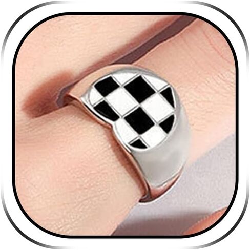 Checkered Ring for Women Black and White Checkered Ring Chunky Silver Rings Heart Checkerboard Bands Statement Finger Ring in Saudi Arabia