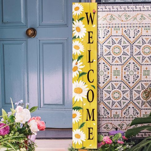 Spring Summer Welcome for Front Porch Standing, Daisy Wooden Porch Sign for Front Door Decorations, Rustic Farmhouse Hanging Wall Sign for Spring Home Decor, 47.2"H in Kuwait