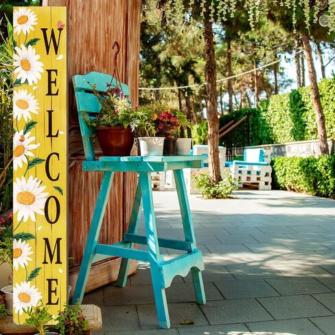 Spring Summer Welcome for Front Porch Standing, Daisy Wooden Porch Sign for Front Door Decorations, Rustic Farmhouse Hanging Wall Sign for Spring Home Decor, 47.2"H in Kuwait