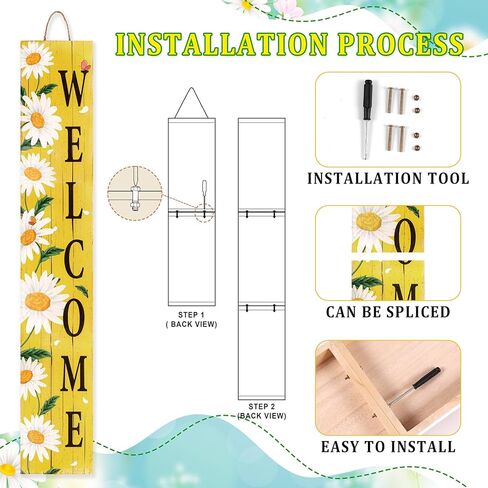 Spring Summer Welcome for Front Porch Standing, Daisy Wooden Porch Sign for Front Door Decorations, Rustic Farmhouse Hanging Wall Sign for Spring Home Decor, 47.2"H in Saudi Arabia