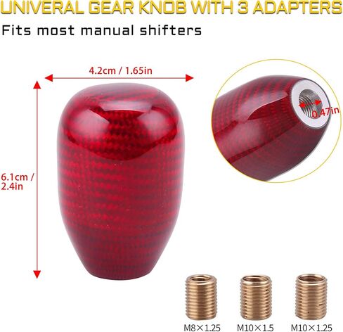 Carbon Fiber Shift Knob for Manual & Buttonless Automatic Tranmission, Oval Stick Shifter Level with 3 Aluminum Adapters (M8x1.25, M10x1.25, M10x1.5) Red in Saudi Arabia