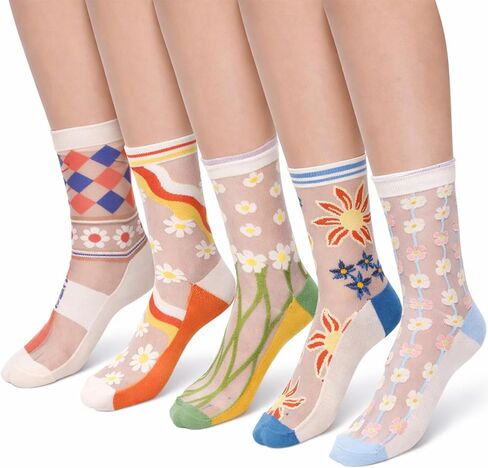 5Pairs Sheer Floral Socks, See Through Frilly Socks Women, Summer Thin Transparent Flower Sock, Ankle Jacquard Crystal Glass Sock (US: 5-8.5) in Kuwait